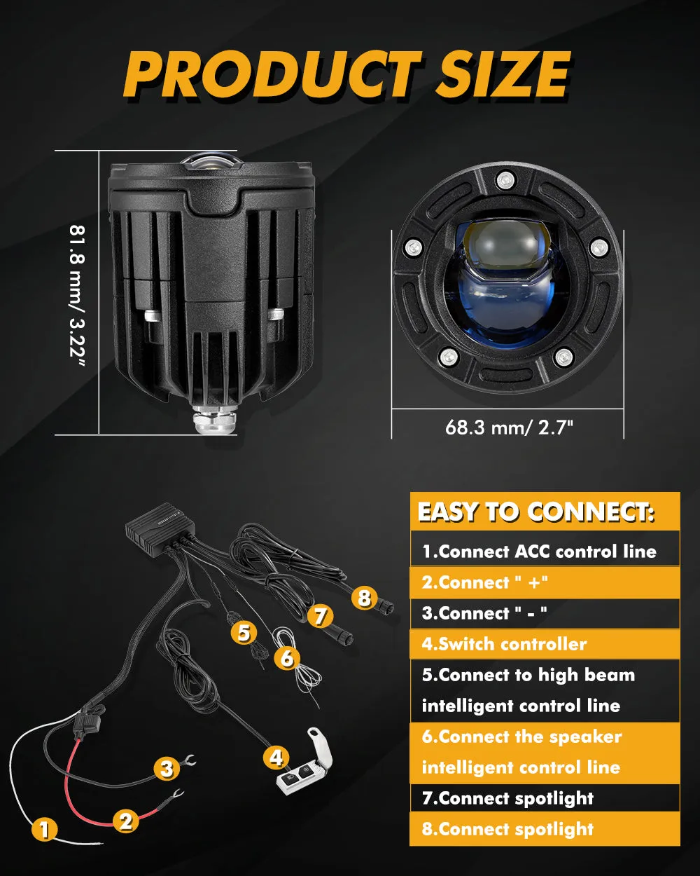 2.5 Inch Motorcycle LED Spotlight Bi-LED Projector Lens Headlight 130W 6000K LED Work Light 5 Light Modes for Motorcycle SUV ATV Trucks | 2PCS/Set