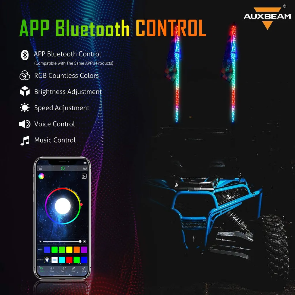 3FT/4FT LED RGB Whip Lights with Bluetooth/ Remote Controlled   Whip Light Mounting Brackets for UTV, ATV, Off-road Vehicle