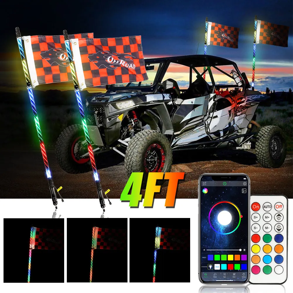 3FT/4FT LED RGB Whip Lights with Bluetooth/ Remote Controlled   Whip Light Mounting Brackets for UTV, ATV, Off-road Vehicle