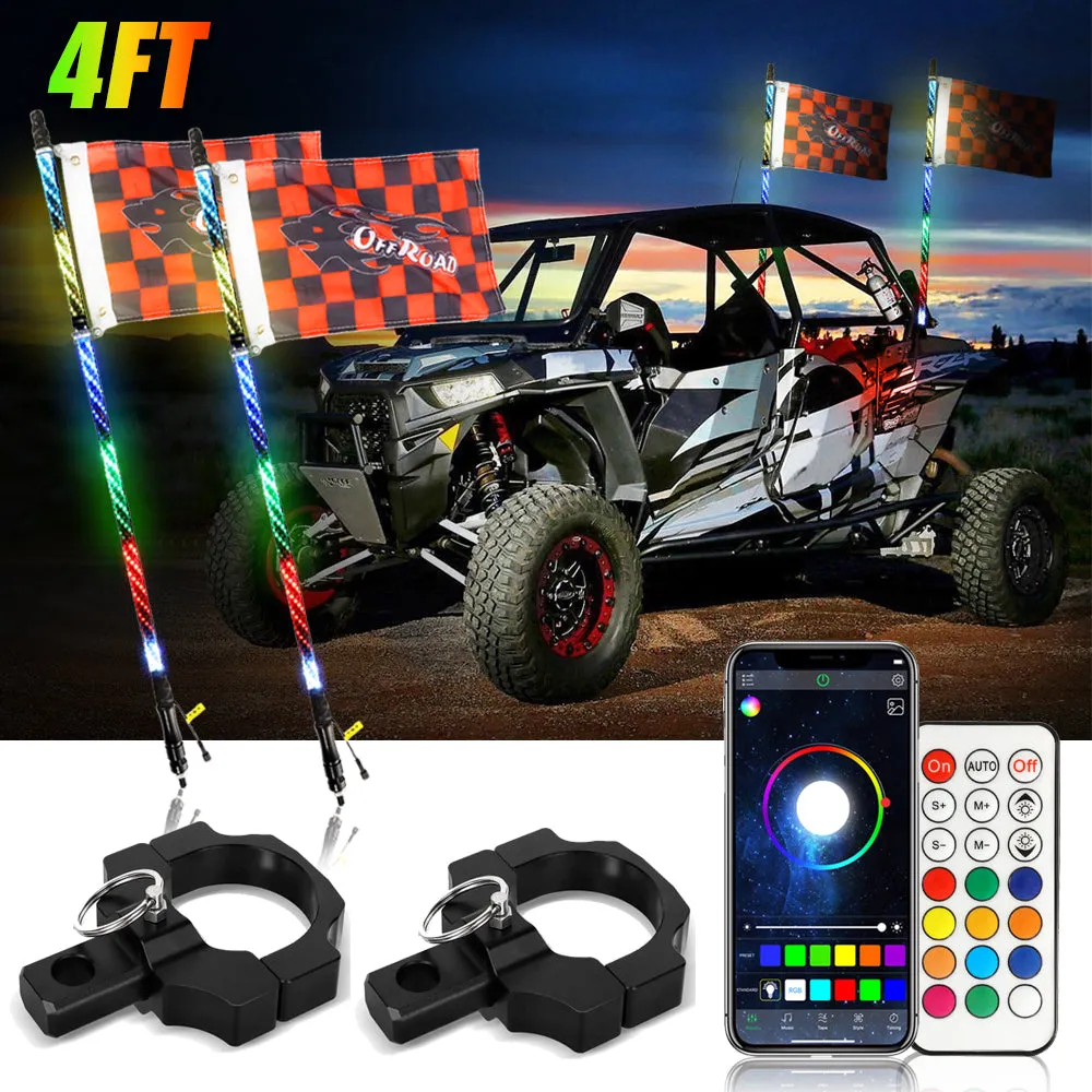 3FT/4FT LED RGB Whip Lights with Bluetooth/ Remote Controlled   Whip Light Mounting Brackets for UTV, ATV, Off-road Vehicle