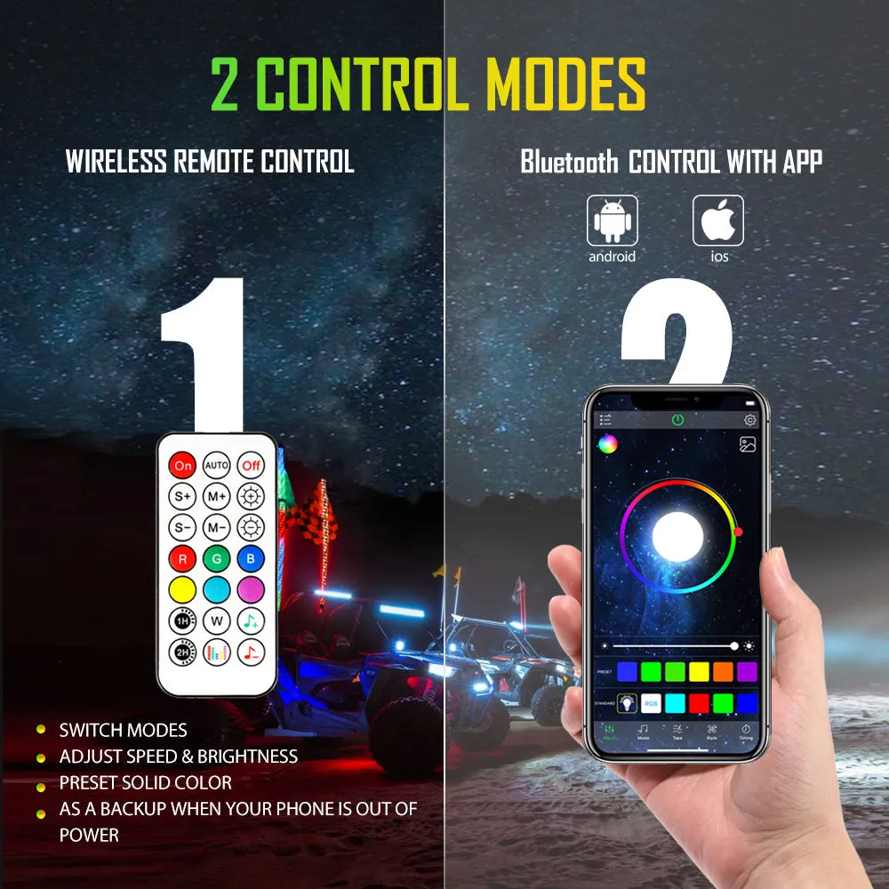 3FT/4FT LED RGB Whip Lights with Bluetooth/ Remote Controlled   Whip Light Mounting Brackets for UTV, ATV, Off-road Vehicle