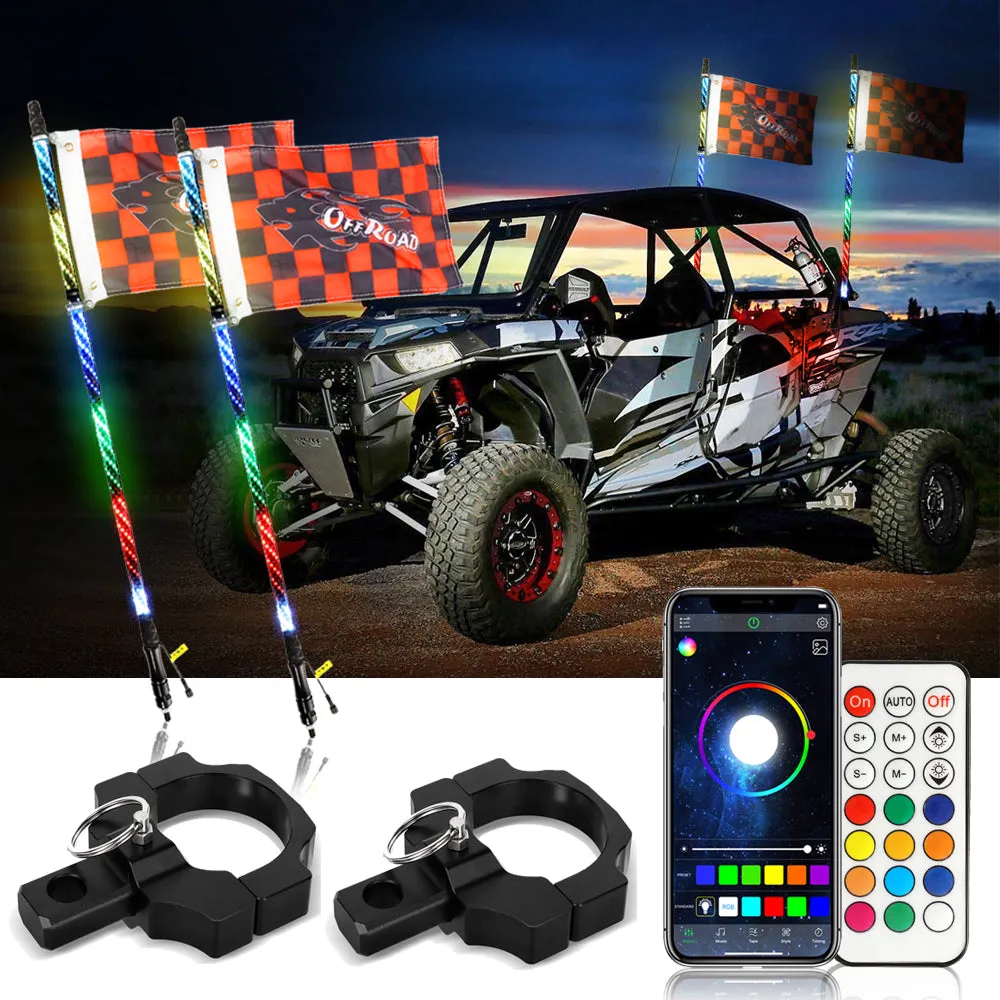 3FT/4FT LED RGB Whip Lights with Bluetooth/ Remote Controlled   Whip Light Mounting Brackets for UTV, ATV, Off-road Vehicle