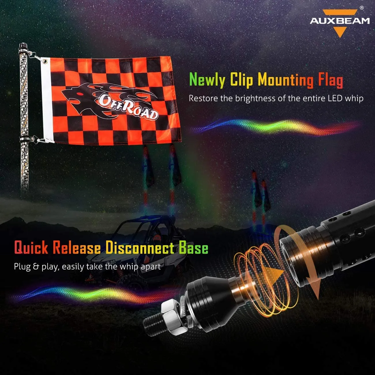 3FT/4FT LED RGB Whip Lights with Bluetooth/ Remote Controlled   Whip Light Mounting Brackets for UTV, ATV, Off-road Vehicle
