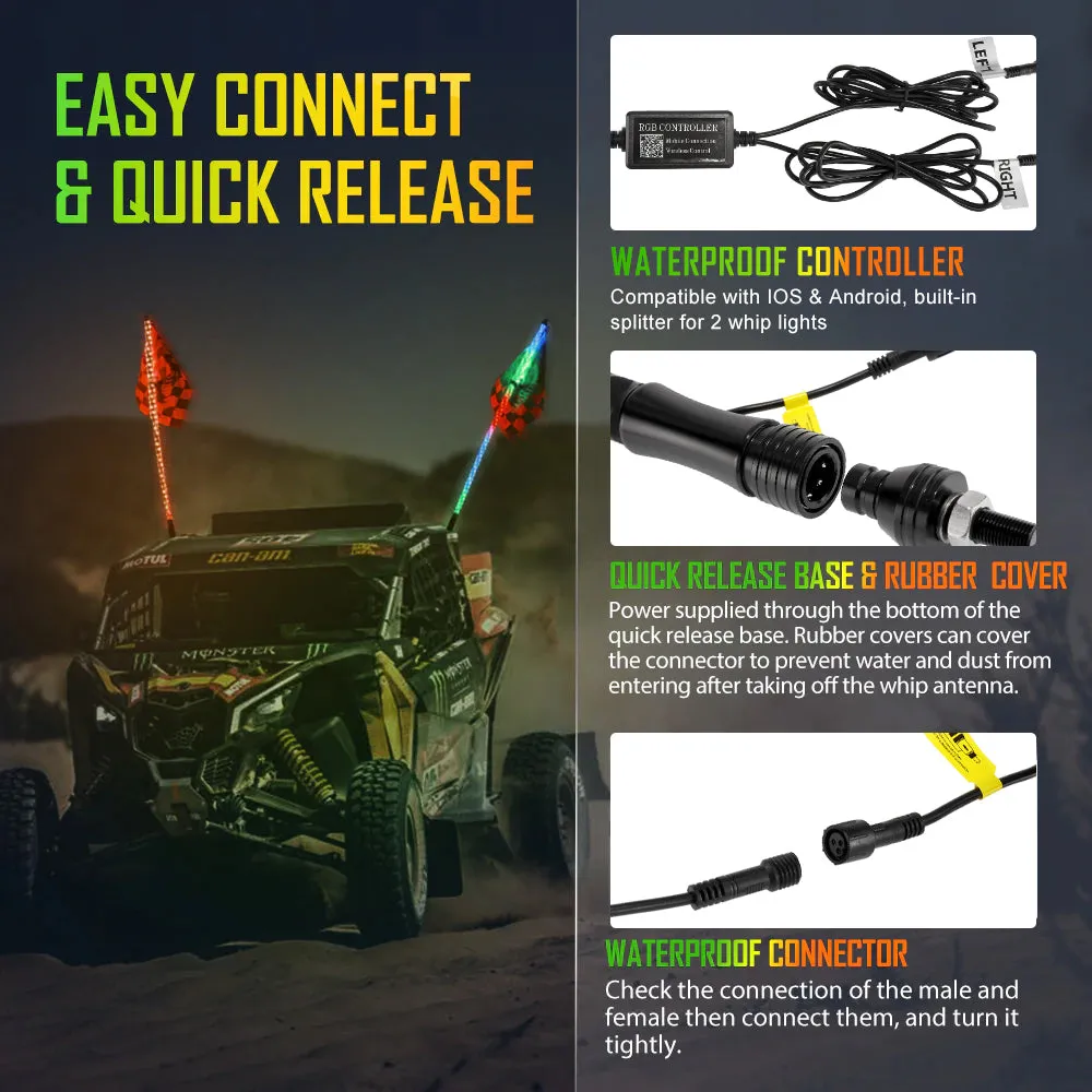 3FT/4FT LED RGB Whip Lights with Bluetooth/ Remote Controlled   Whip Light Mounting Brackets for UTV, ATV, Off-road Vehicle