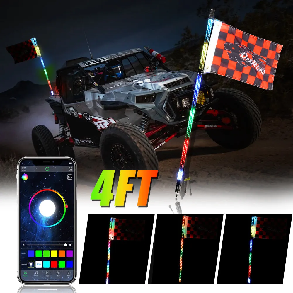 3FT/4FT RGB LED Whip Light with Bluetooth Controlled   Whip Light Mounting Brackets for UTV, ATV, Off-road Vehicle