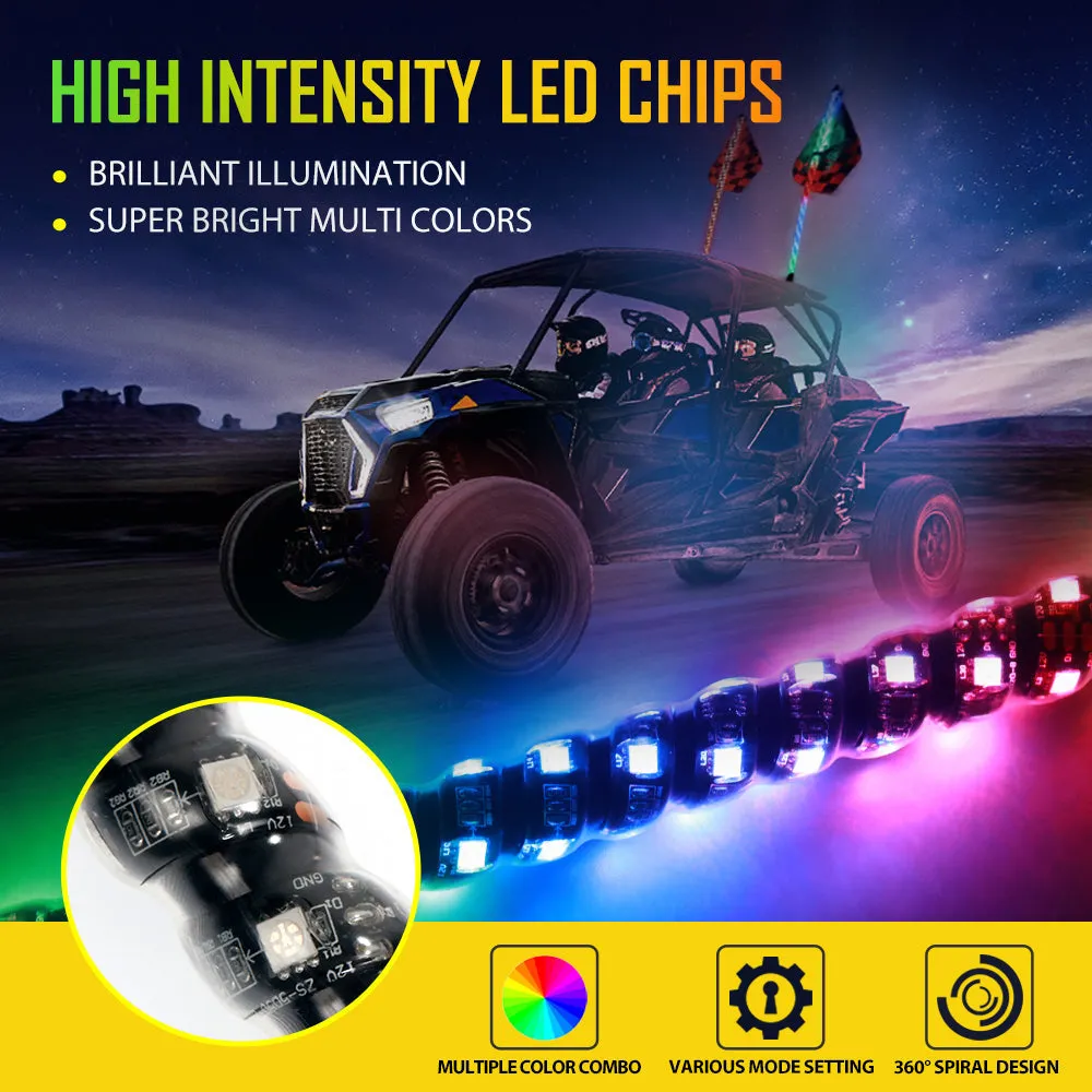 3FT/4FT RGB LED Whip Light with Bluetooth Controlled   Whip Light Mounting Brackets for UTV, ATV, Off-road Vehicle