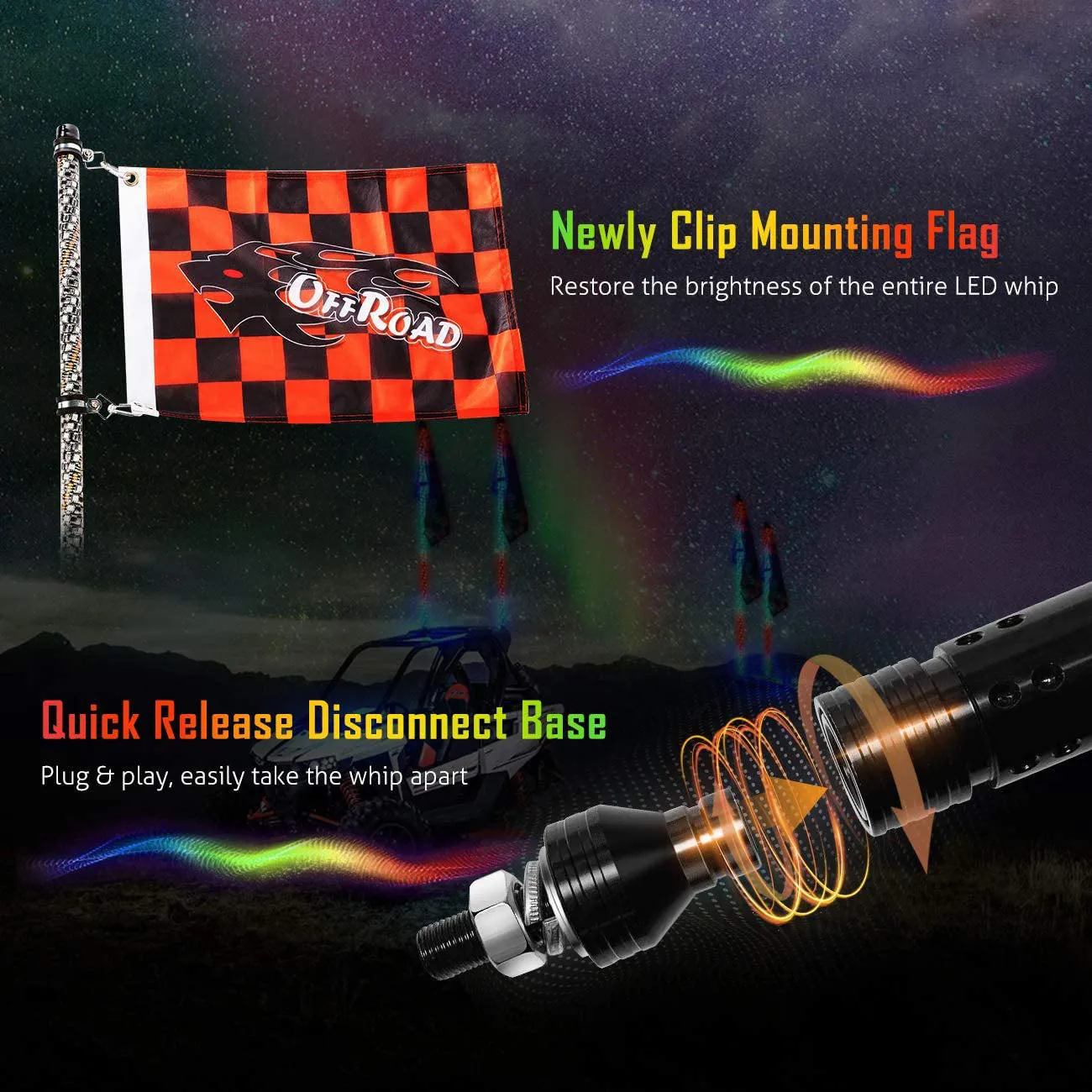 3FT/4FT RGB LED Whip Light with Bluetooth Controlled   Whip Light Mounting Brackets for UTV, ATV, Off-road Vehicle