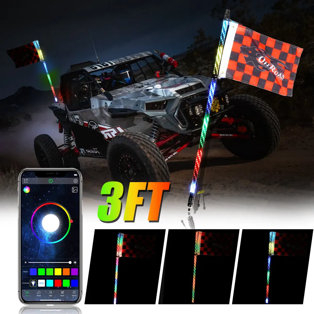 3FT/4FT RGB LED Whip Light with Bluetooth Controlled   Whip Light Mounting Brackets for UTV, ATV, Off-road Vehicle