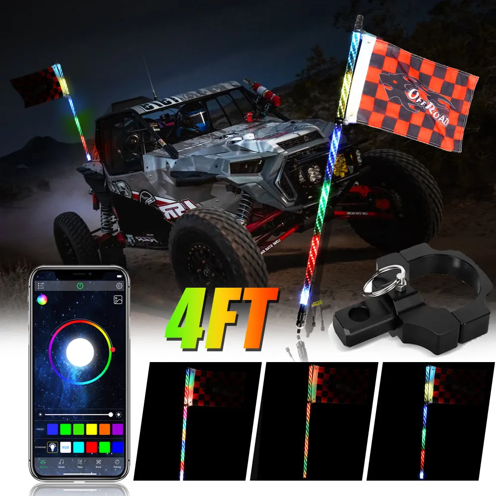 3FT/4FT RGB LED Whip Light with Bluetooth Controlled   Whip Light Mounting Brackets for UTV, ATV, Off-road Vehicle