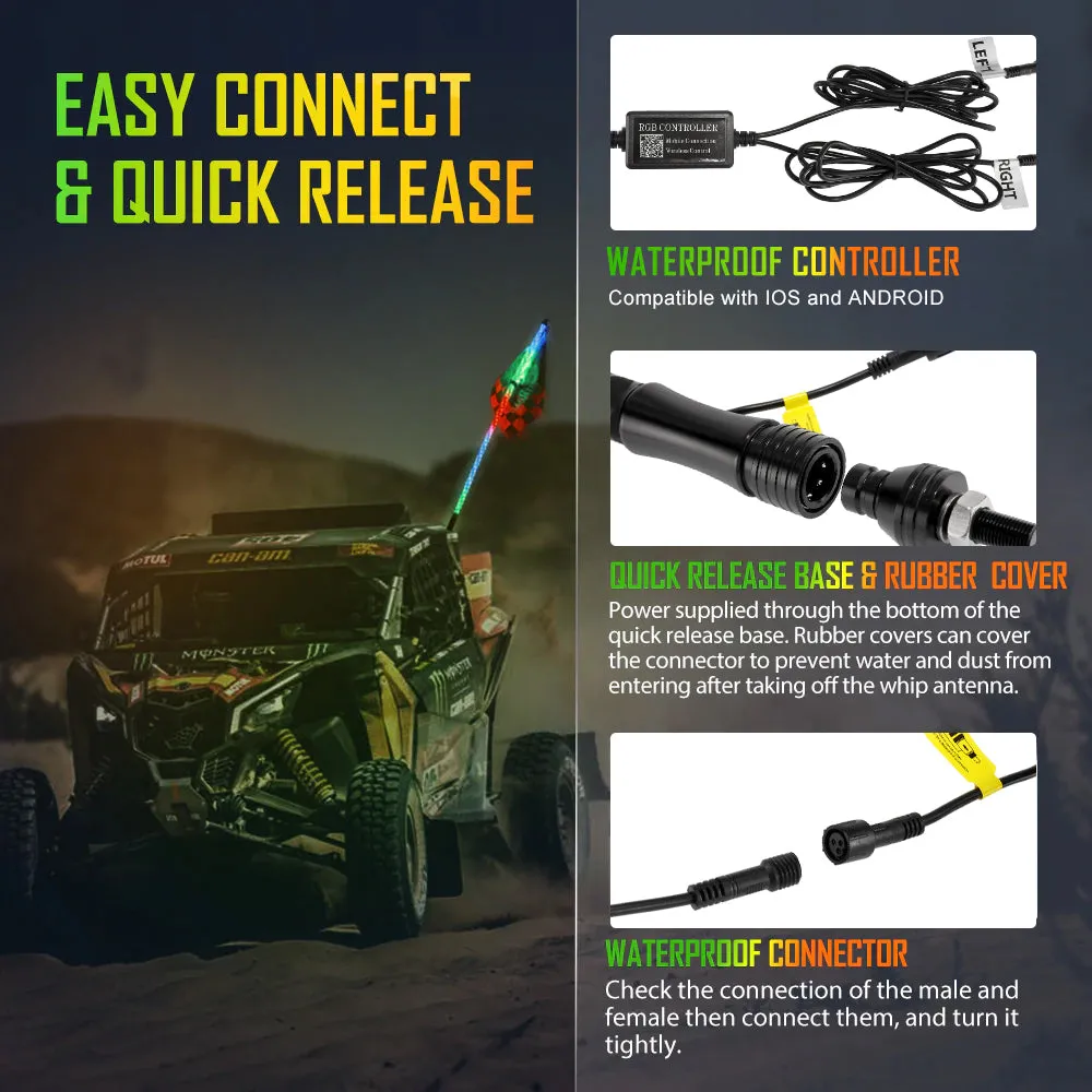3FT/4FT RGB LED Whip Light with Bluetooth Controlled   Whip Light Mounting Brackets for UTV, ATV, Off-road Vehicle