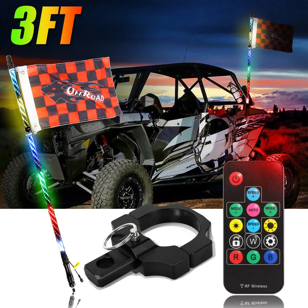 3FT/4FT RGB LED Whip Light with Remote Control Whip Light Mounting Brackets for UTV, ATV, Off-Road Vehicle