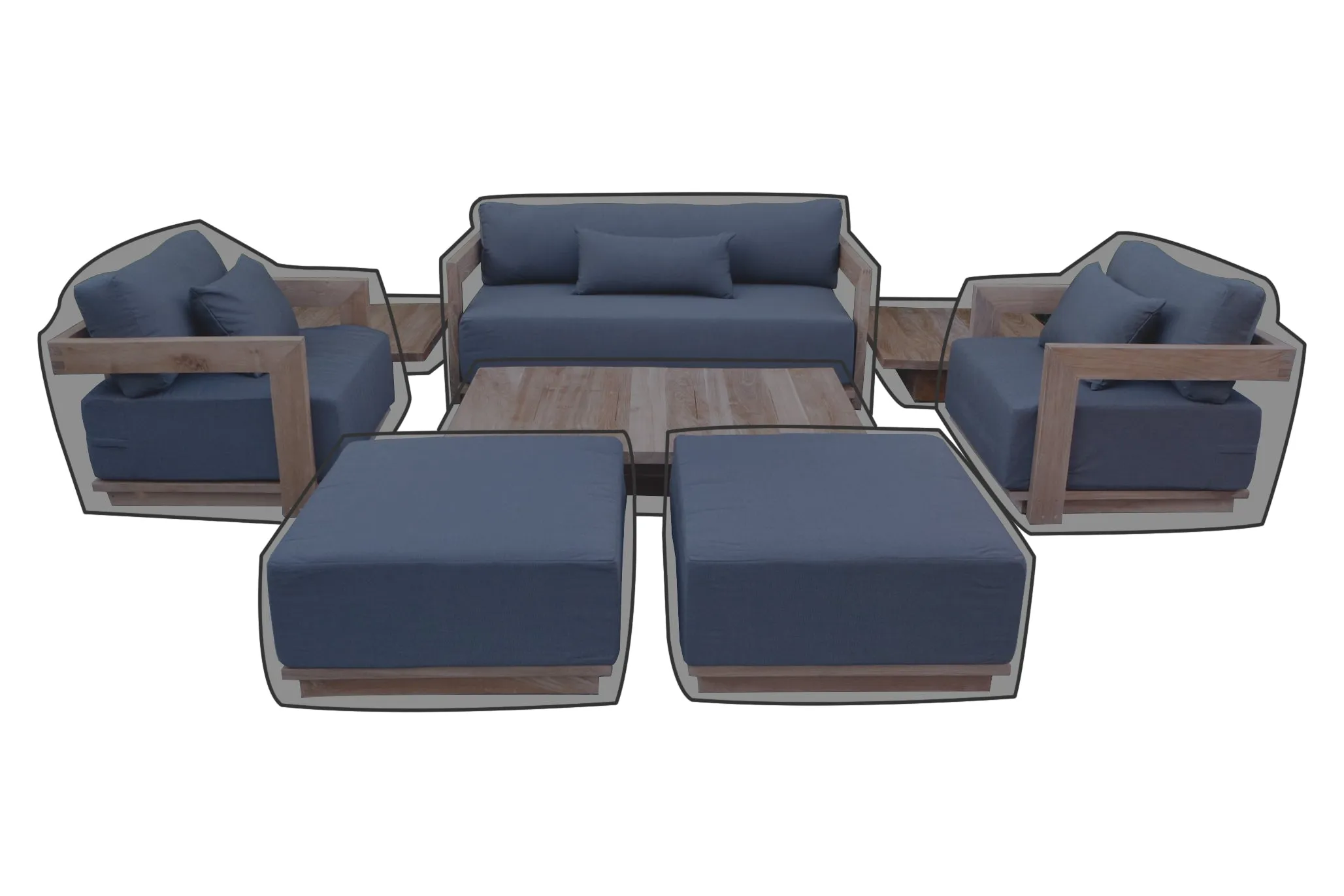 8 pc Hermosa Teak Deep Seating Loveseat 49" Coffee Table WeatherMAX Outdoor Weather Cover