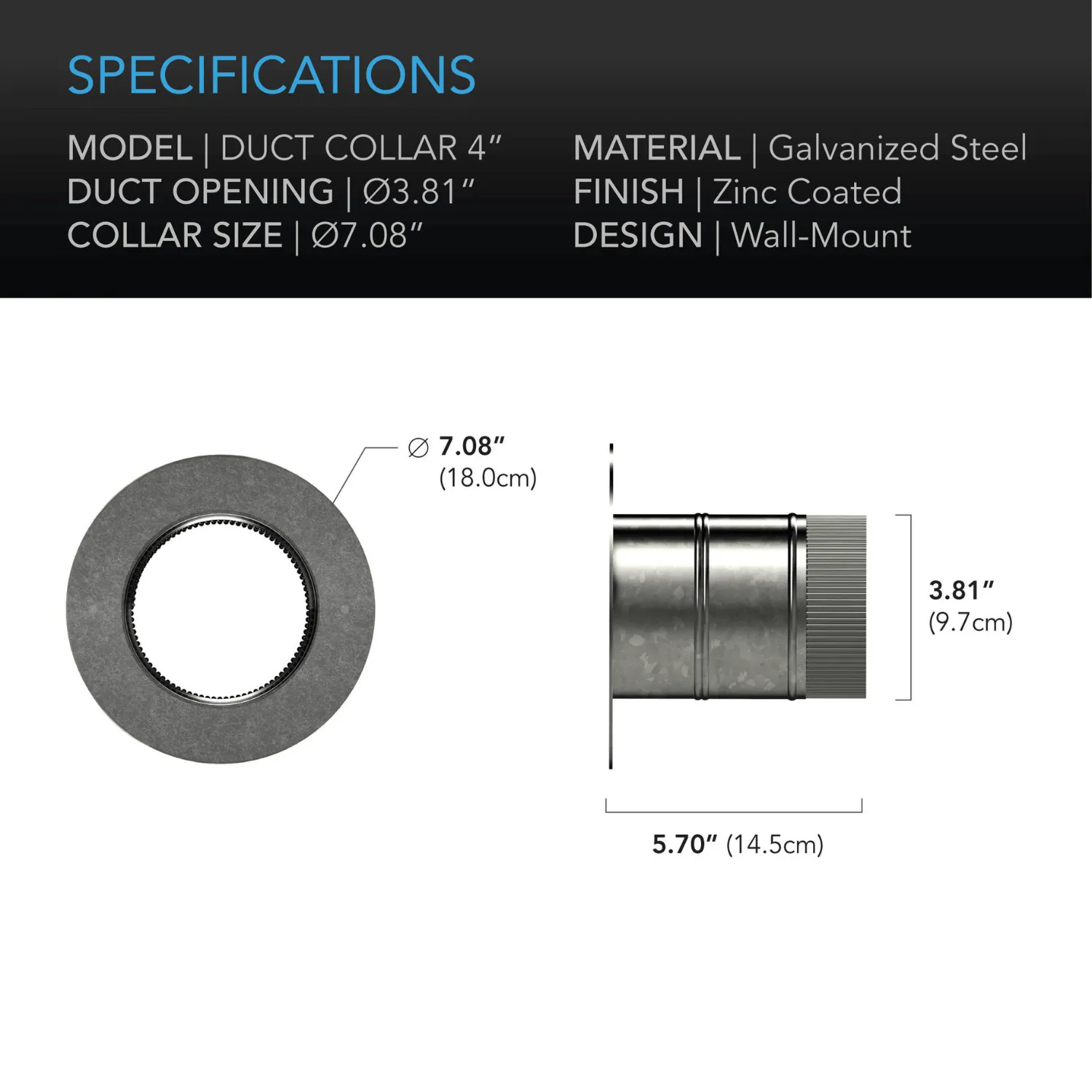 AC Infinity Ducting Collar, 4-Inch, Galvanized Steel