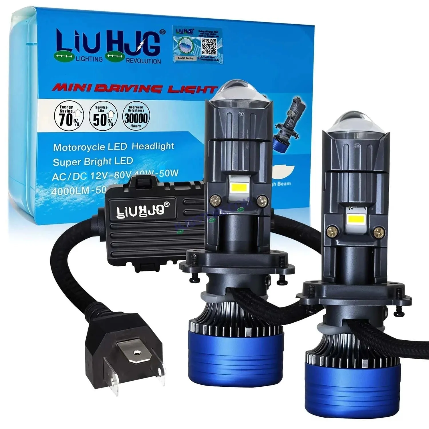 HJG H4 Projector Lens LED Headlight Bulb for car | Hi/Lo Beam Headlight 12V-80V | 100W | 5000LM | 3 Pin Projector h4 Headlight with Fan | (Pack of 2)