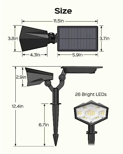 JACKYLED Solar Spotlights Outdoor, 4 Modes 3000K/6000K, Solar Landscape Light with 26 Bright LED, Panel & Light Adjustable, IP65 Waterproof Solar Spot Light for Garden, Yard, Driveway, Pathway, 2 Pack