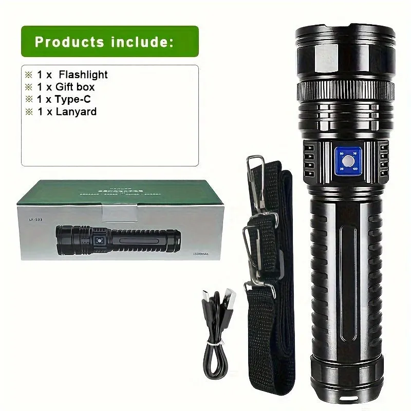 Led Flashlights, Tactical Flash Light, Built-in 15000mah Battery Long Range Spotlights, Torch Emergency Light With COB Light