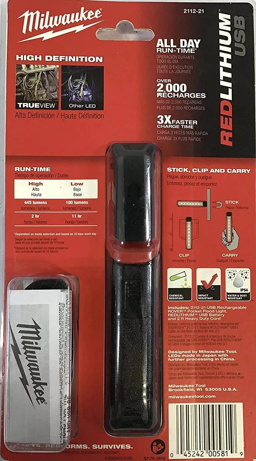 Milwaukee 2112-21 445 Lumen Rechargeable LED Pocket Spotlight. Each