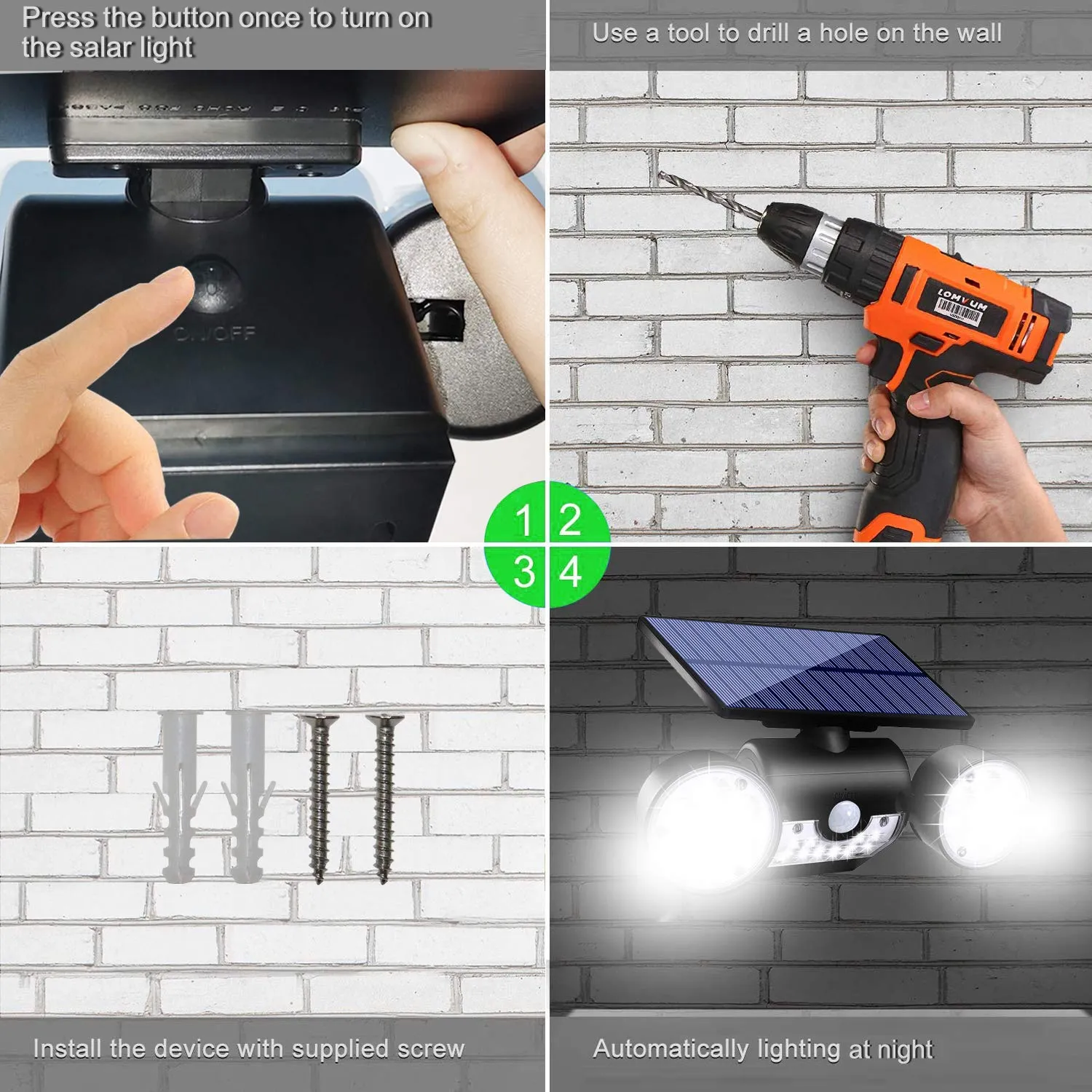 Ollivage Solar Lights Outdoor, Motion Sensor Security Lights Solar Wall Lights with Dual Head Spotlights LED Waterproof 360° Adjustable Solar Motion Lights Outdoor for Garden Garage Patio, 1 Pack