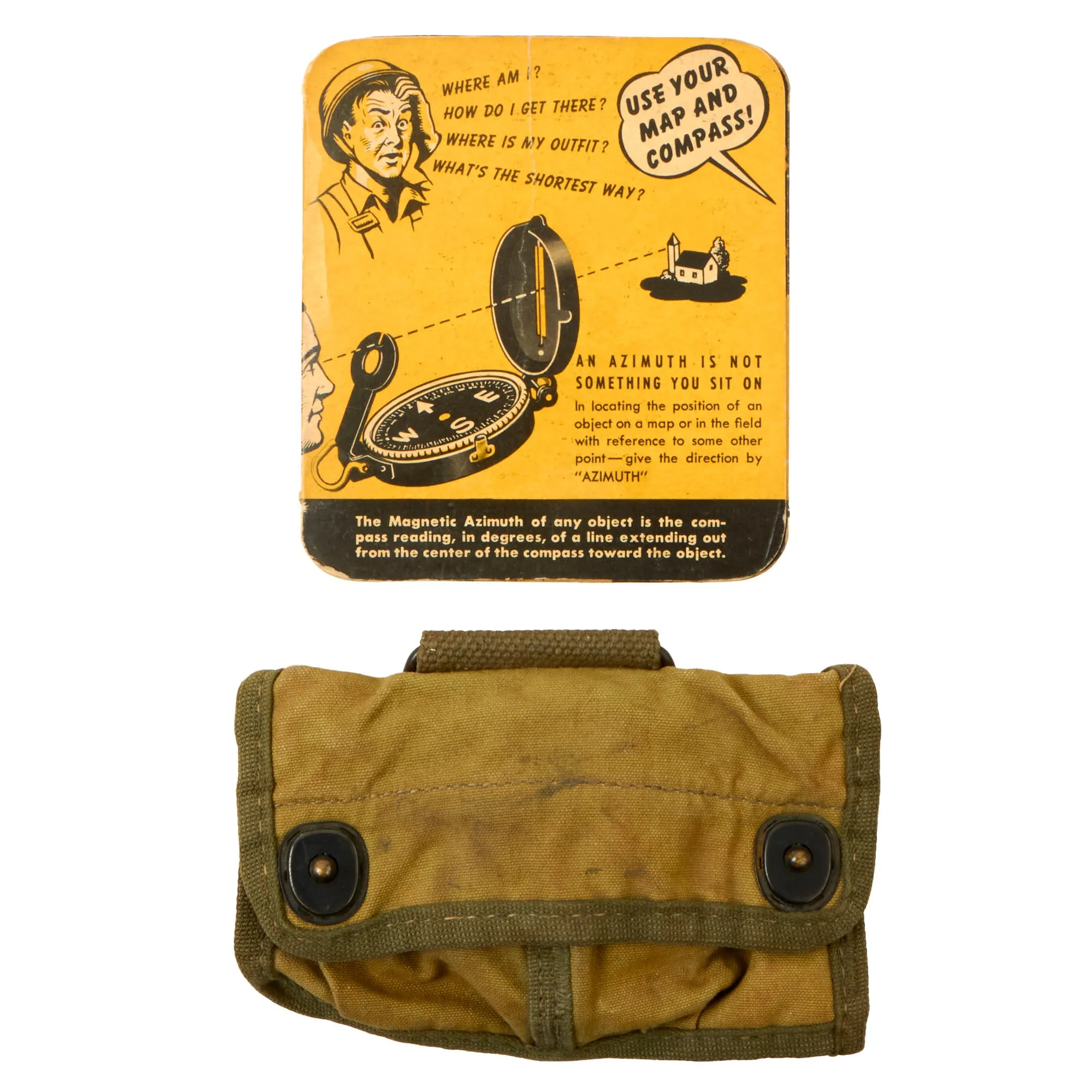 Original U.S. WWII US Army M1938 Lensatic Compass By W.&L.E. Gurley With 1st Model “Split Type” Pouch and Land Navigation Training Booklet