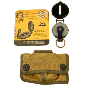 Original U.S. WWII US Army M1938 Lensatic Compass By W.&L.E. Gurley With 1st Model “Split Type” Pouch and Land Navigation Training Booklet