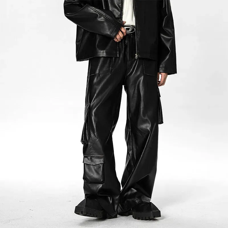Street Wear PU Leather Pants Men Loose Multi-Pocket Functional Style Straight Trousers Elastic Waist Autumn Fashion 9C2687