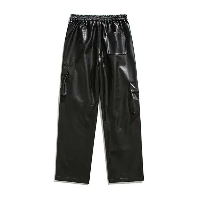 Street Wear PU Leather Pants Men Loose Multi-Pocket Functional Style Straight Trousers Elastic Waist Autumn Fashion 9C2687